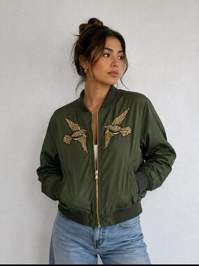 Express Embroidered Bomber Jacket - Women  Olive Green M